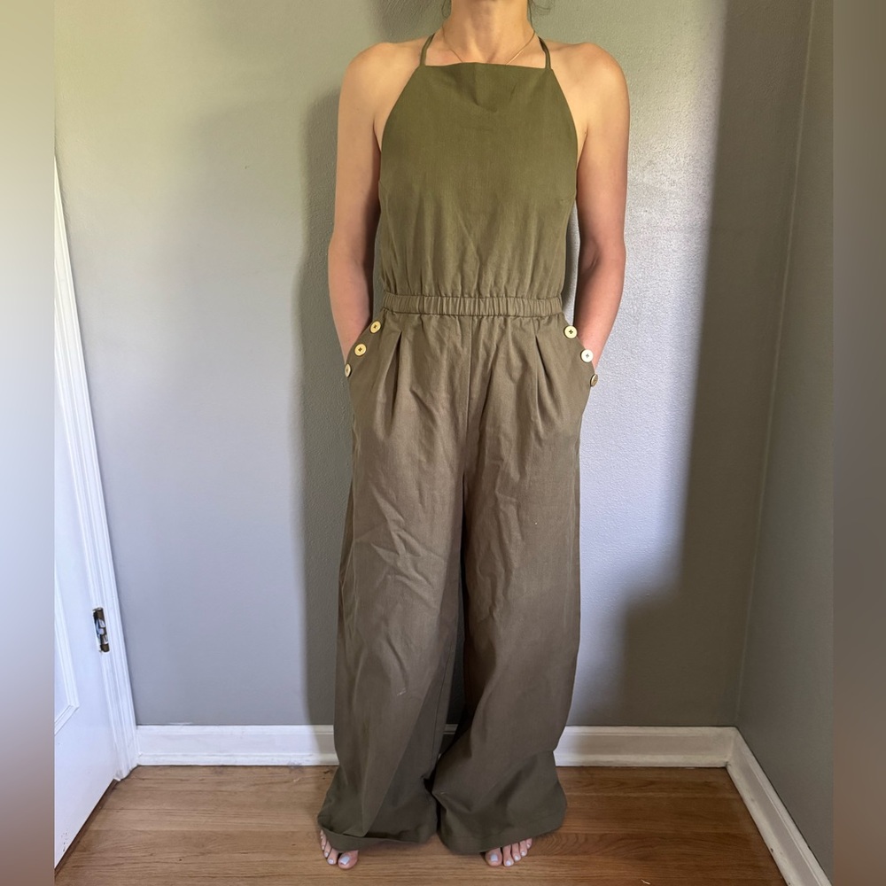 Sage Green Wide-Leg Jumpsuit with Spaghetti Straps - Picture 2 of 12